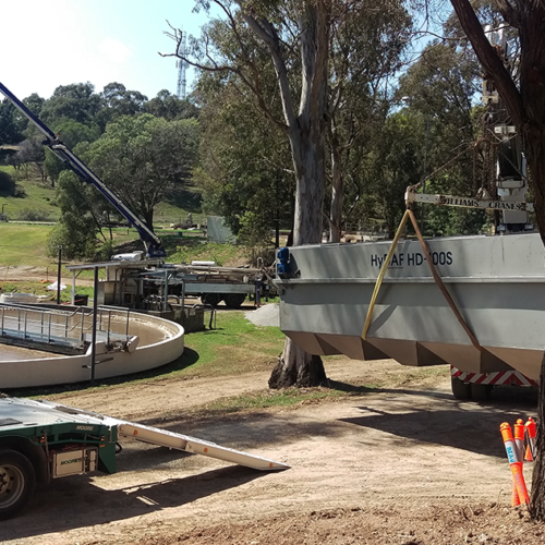 A HyDAF system being installed as part of a major upgrade of the wastewater treatment system at a food processing plant in QLD. The project also involved the design and construction of an inground 15 m diameter clarifier